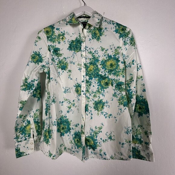Lands' End Women No-Iron Supima Cotton Floral Button-Up Shirt Size 6 Green White - Picture 1 of 7